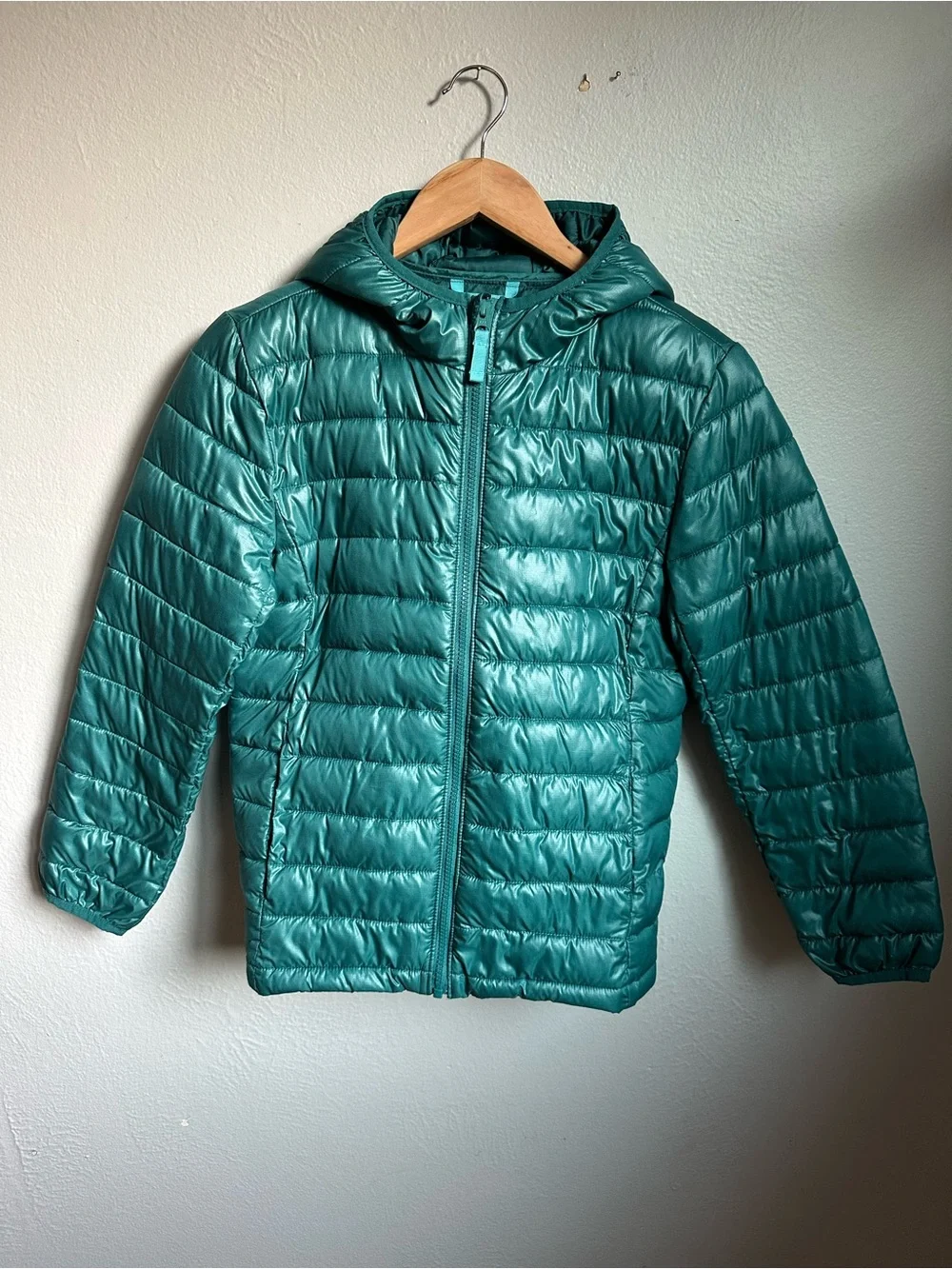 Primary Kids Size 12 Teal Green Hooded Puffer Jacket Recycled